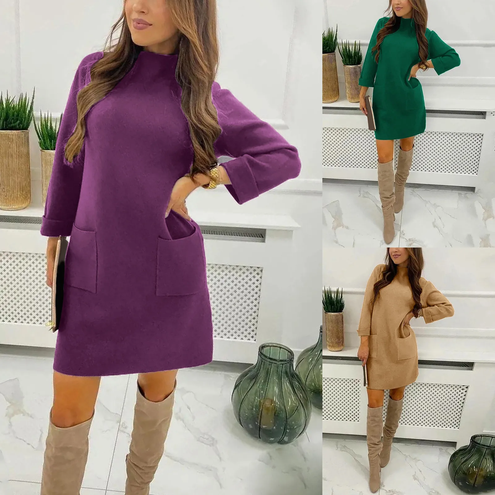

Winter New Velvet Dress For Women Fashion Ladies Plush Sweatershirt Pockets Solid Dress Casual Streetwear Loose Shirt Mini Dress