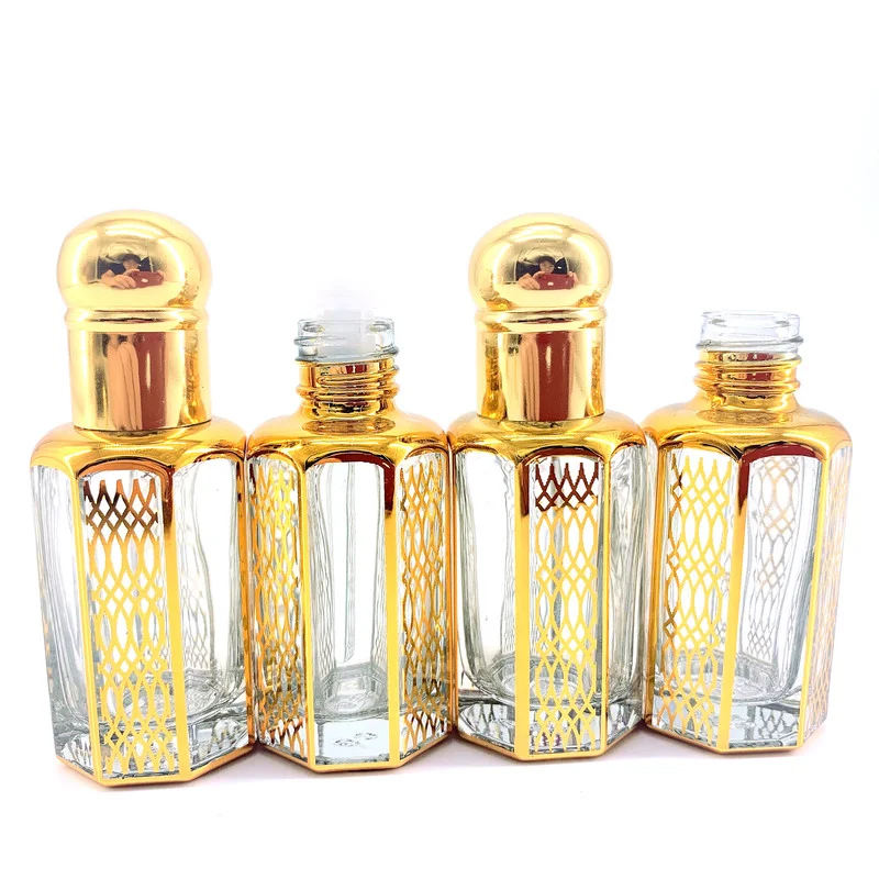 Attar Oud-botellas de vidrio para Perfume, frasco de cristal árabe dorado para aceite de Perfume con cuentagotas, 12 unids/lote P317, 12ml