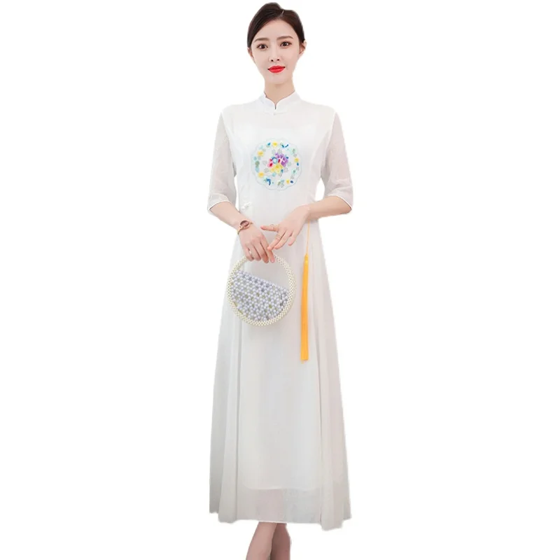 

Women Long Dress Summer 2021 New Chinese Style Cheongsam Vintage Short Sleeve Chiffon Embroidery Stand Neck High Waist Dresses