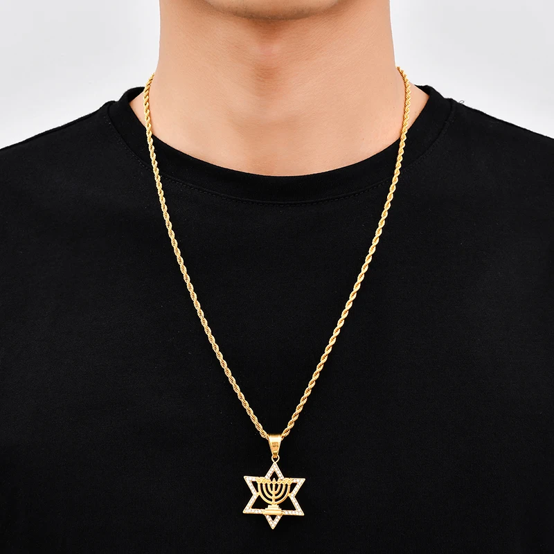 

HIP Hop Gold Color Stainless Steel Bling Iced Out Rope Chain Star of David Hexagram Pendants & Necklaces for Men Jewelry
