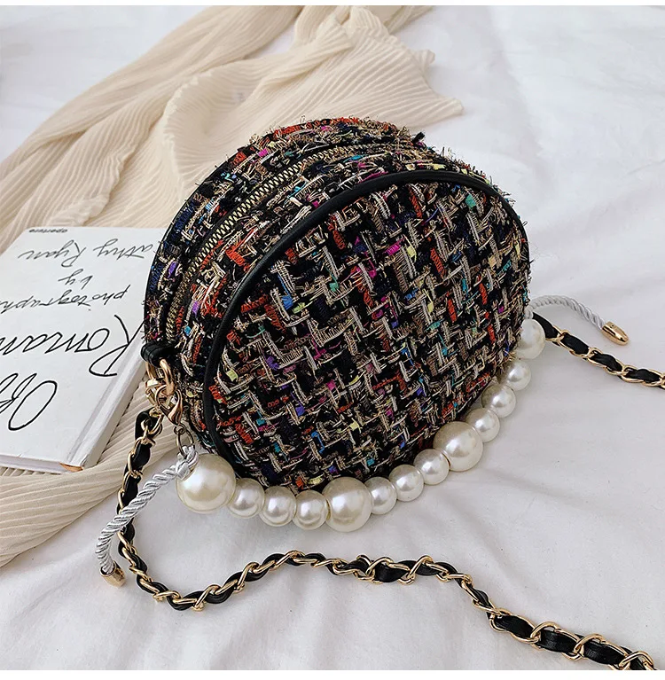 bolsos модные женские сумки-почтальон, круглая сумка на плечо, дизайнерская сумка через плечо, твидовые сумки для женщин, жемчужное колье, сумка
