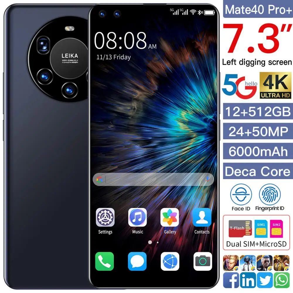 2021 Новый 7 3 дюймов Mate40 Pro + Глобальная версия смартфон 12 Гб ОЗУ 512 ПЗУ сотовый