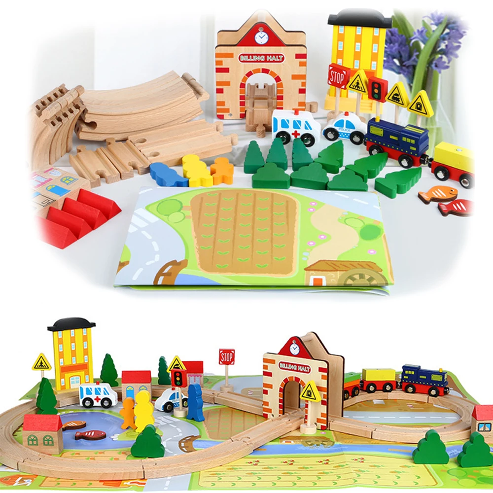 

54 шт., набор деревянных железнодорожных треков из бука