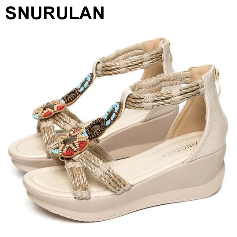

SNURULAN 2021 Boho Ethnic Wedges Gladiator Women Sandals Summer String Bead Cane Platform Lady High Heel Shoes Woman