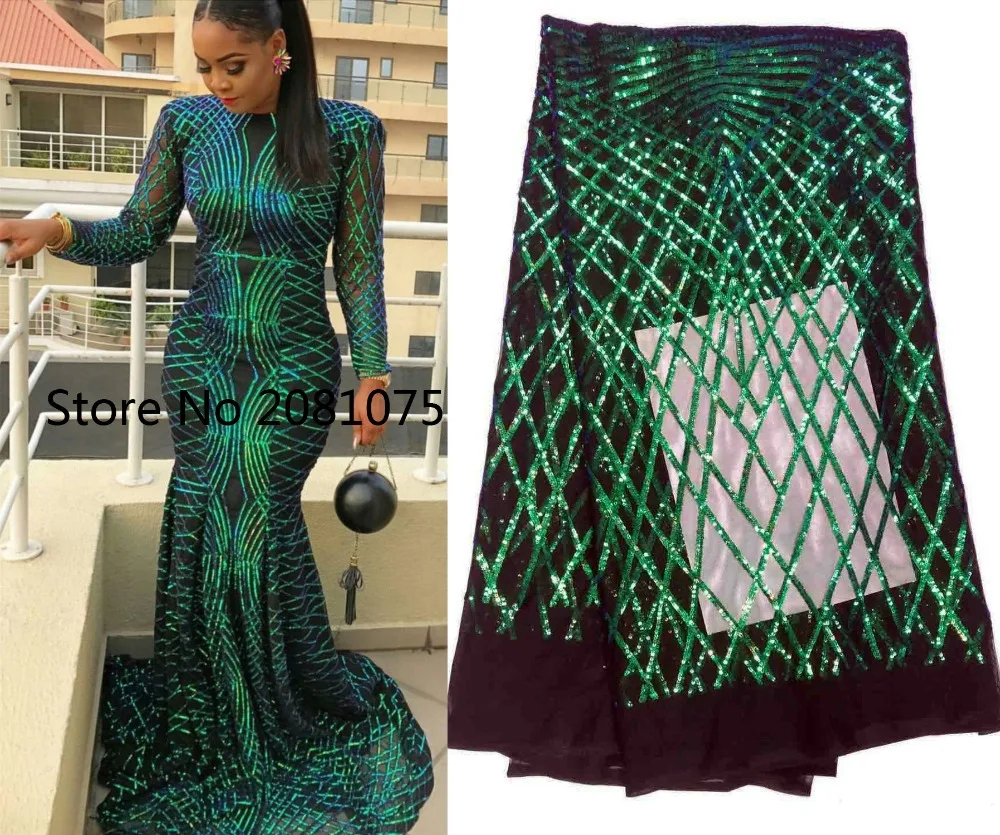 

Green Sequins Lace Fabric 2019 High Quality African Evening Dress Fabrics New Nigeria Sequined Embroidered Mesh Net Lace Fabric