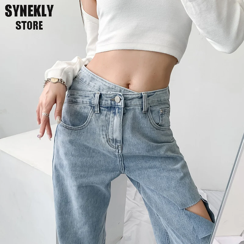 

Новые женские синие брюки, прямые джинсы, женские свободные рваные брюки с высокой талией в Корейском стиле, повседневные модные женские бр...
