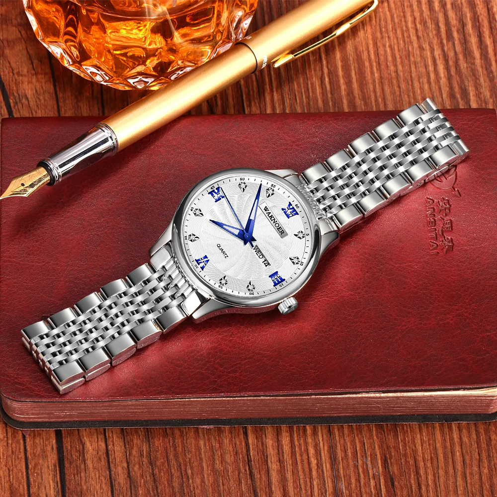 

WAKNOER Brand Spiral Design Men's Dress Quartz Watch montre homme Stainless Steel Rhinestone Watches Men Fashion Dress relogios