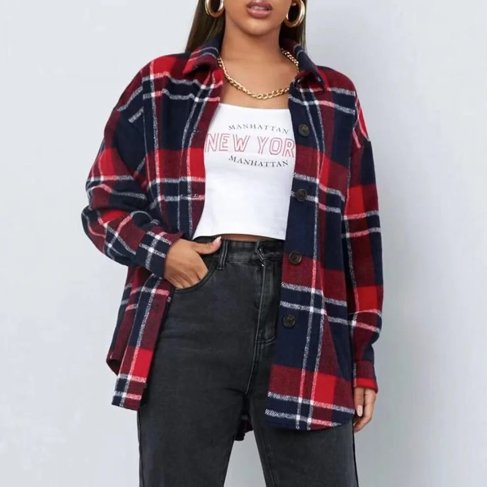 

2021 Autumn Winter New Fashion Women Blouse Lattice Single Breasted Lapel Long Sleeve Loose Simplicity Casual Women Jackets