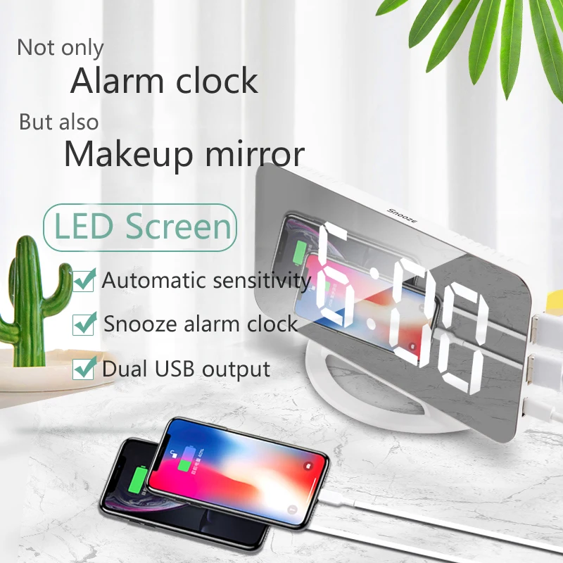 

TS-8201 LED Mirror Digital Display Alarm Clock Automatic Photosensitive Desktop Clock Electronic Alarm Clock Double USB Output