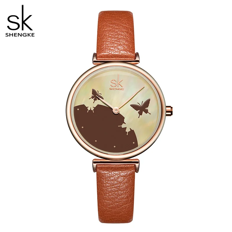 

Shengke Women Watches Top Brand Luxury Leather Strap Wristwatch for Women Blue Feather Clock Stylish Quartz Ladies Watch