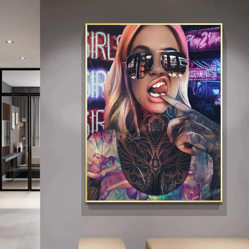 Картина на холсте с изображением сумасшедшей диджейской девушки принтом в