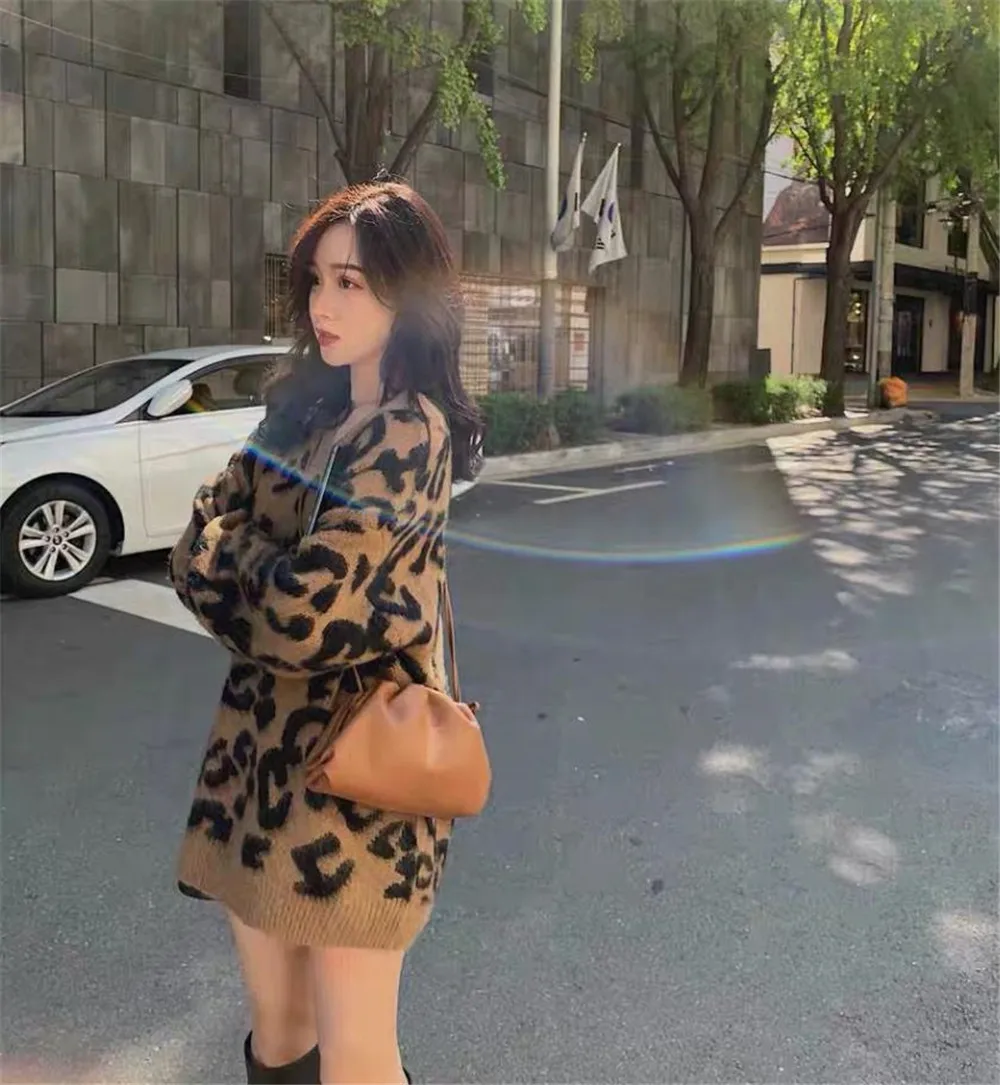 Women Sweater Autumn Winter O-Neck Leopard Print Oversized Loose Knit Casual Pullover Plus Size jumper sweter 35 | Женская одежда