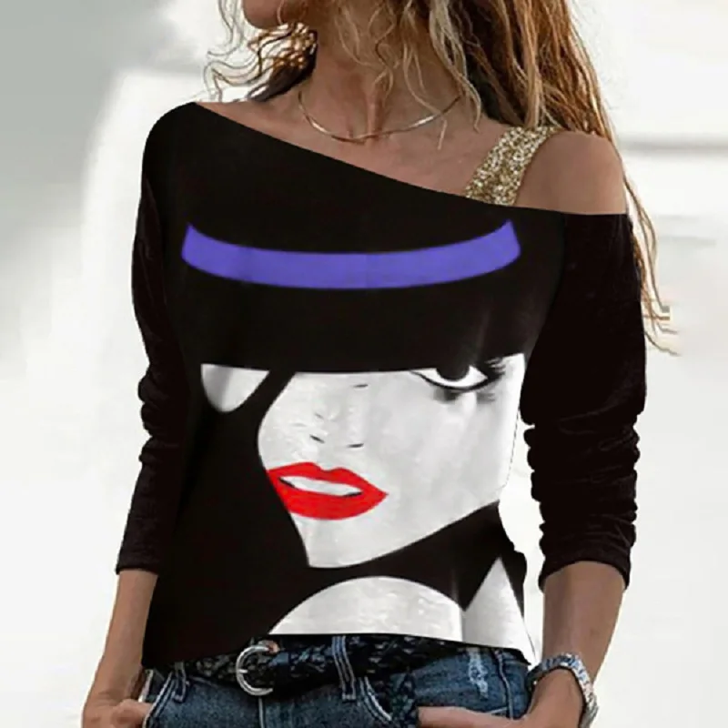 

Women's 2021 trendy all-match women T-shirt European and American fashion off-shoulder long-sleeved slanted shoulder women's top