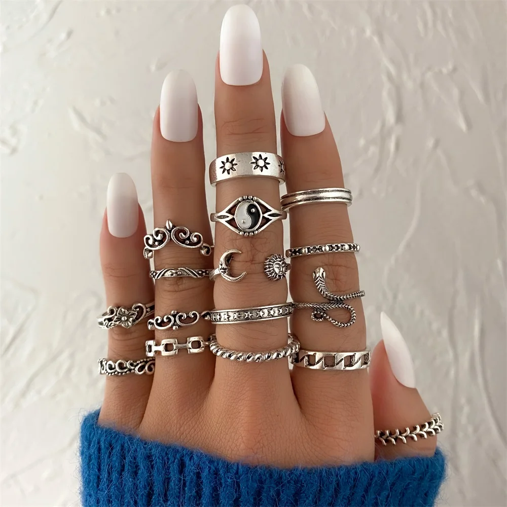 16 шт. Винтажное древнее серебряное кольцо набор для женщин и девочек солнечные