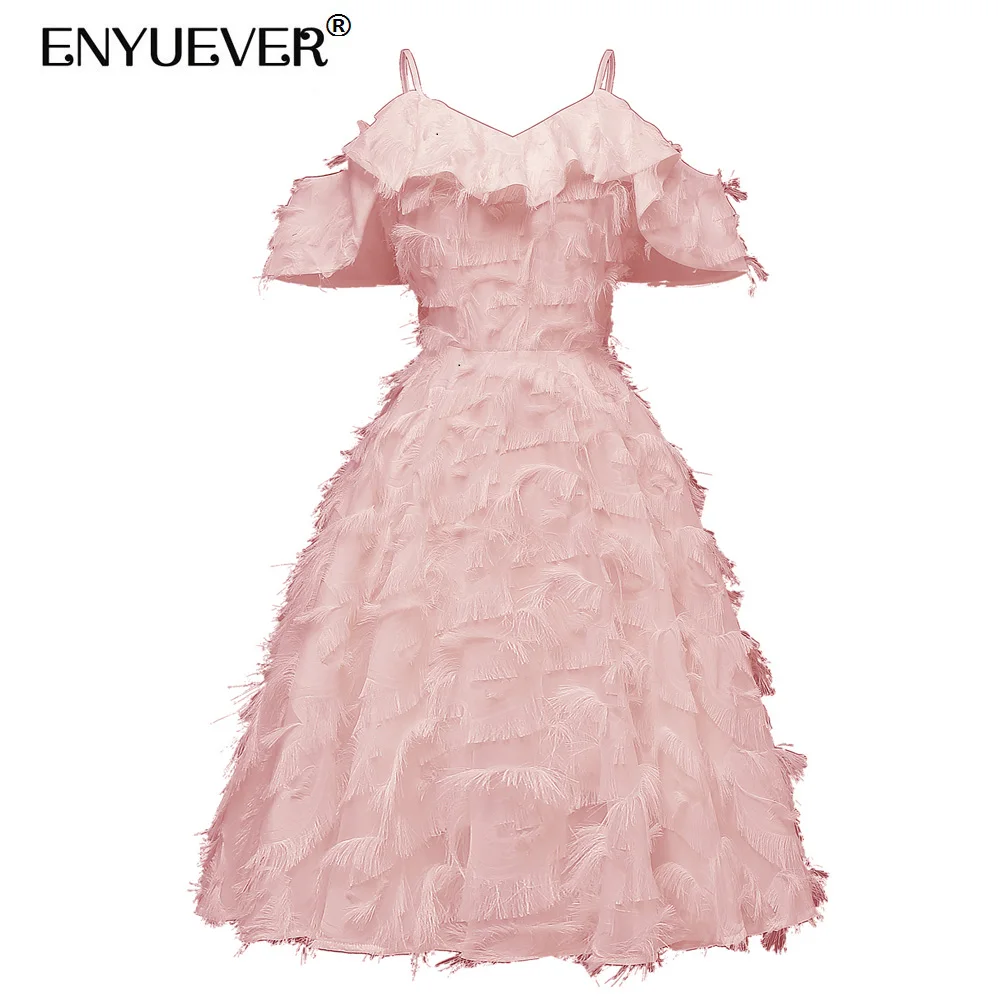 

Enyuever Short Pink Tassel Dress Women Clothing Summer Sleeveless Spaghetti Strap Ruffle Elegant Beach Party Dresses