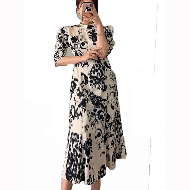 

2021 spring summer new retro elegant dress stand-up collar mid-length abstract print leopard print dress women 138