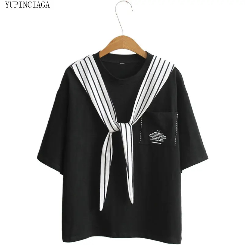 

Women Letter Print Harajuku T Shirts stitching Sailor Collar Short Sleeve Cotton T Shirt Casual Pocket Femme Loose Basic Tops