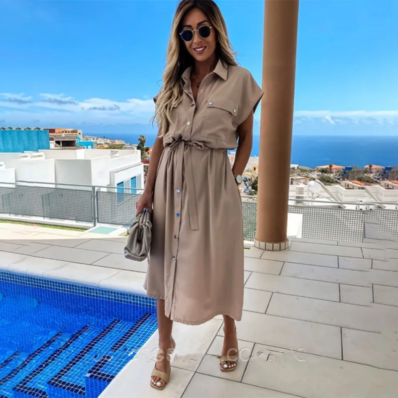 

Vintage Dress Elegant Women Long Dresses Summer Single Breasted Casual Turn Down Collar Ankle Length Sashes Short Robe vestidos