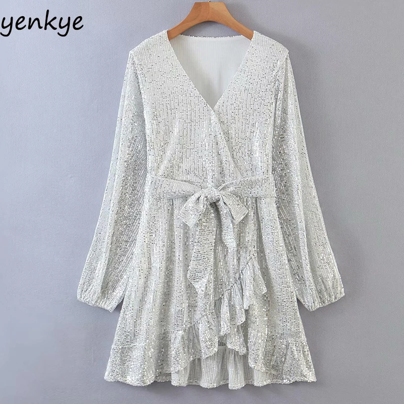 Осеннее платье женское модное с запахом и блестками мини длинным рукавом V