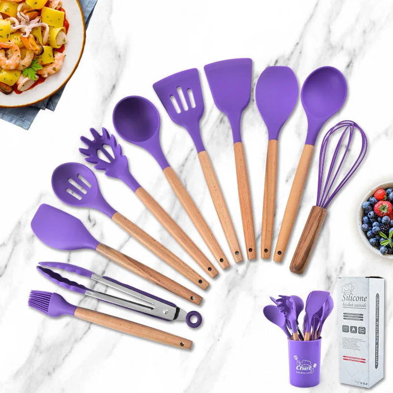 

12 pcs Silicone Kitchenware Cooking Utensils Set Non-stick Cookware Shovel Egg Beaters Wooden Handle Kitchen Cooking Tool Set