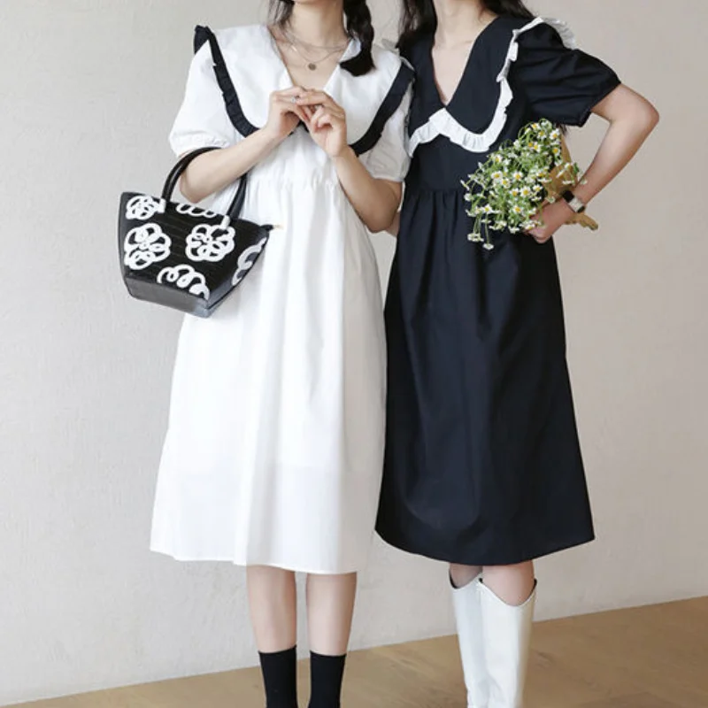 

Платье женское летнее с коротким рукавом, элегантный сарафан в японском стиле преппи с пэчворком и буффами на рукавах, повседневная одежда
