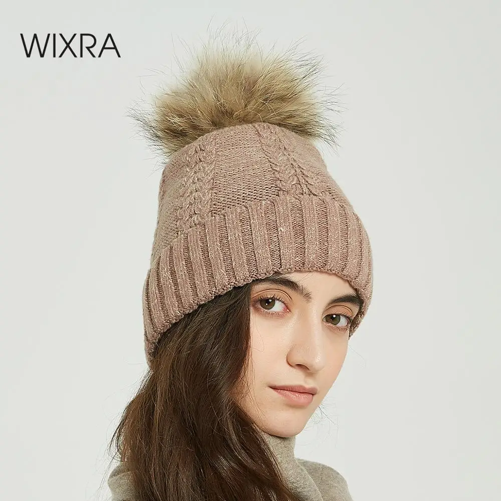

Женская меховая шапка с помпонами Wixra, однотонная зимняя женская шапка, шапка для девочки, вязаная шапка, шапка, толстые шапки