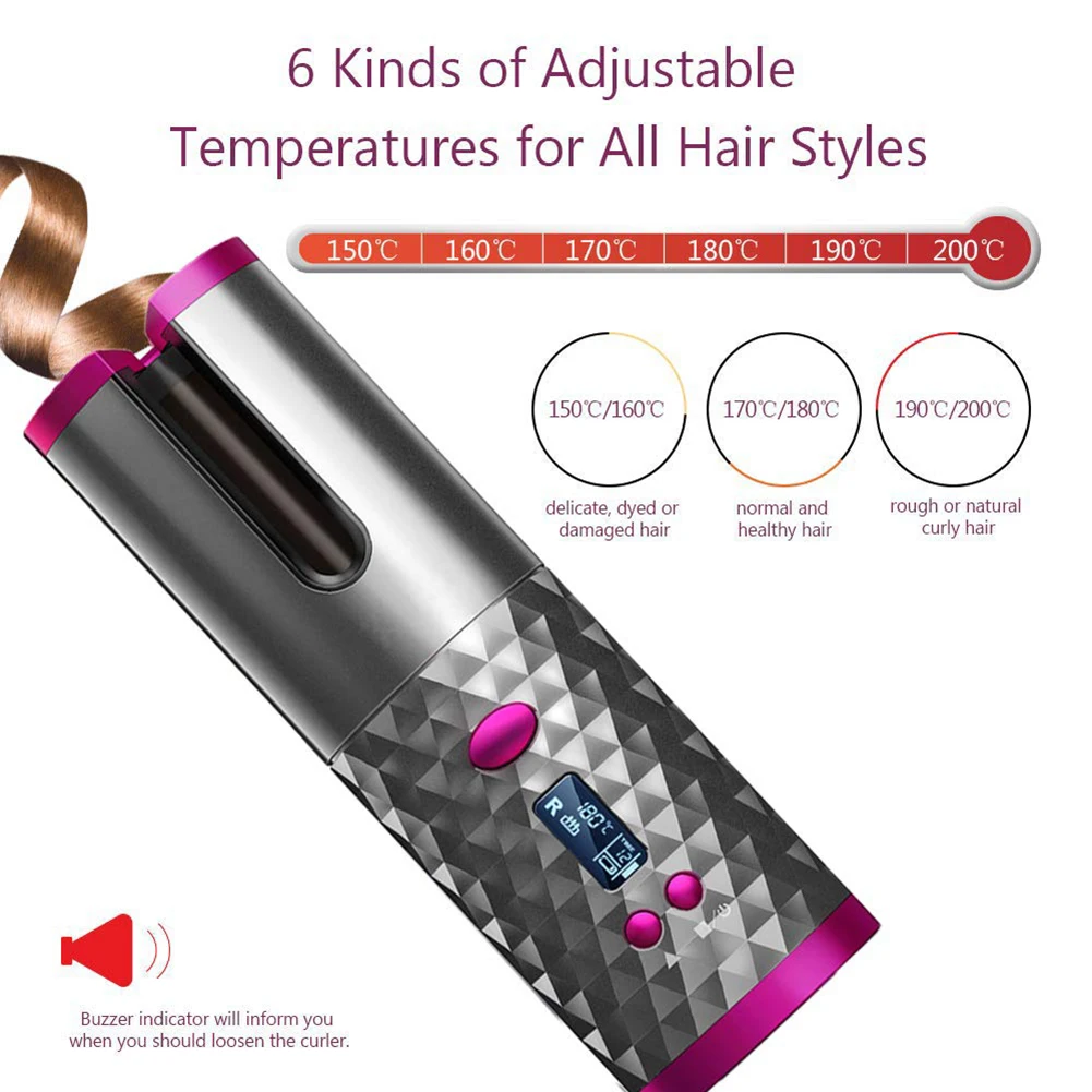 

Cordless Automatic Hair Curler USB Rechargeable Curling Iron Curls Waves LCD Display Ceramic Curly Rotating Curling