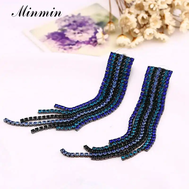 Minmin цветная Длинная кисточка из горного хрусталя, серьги для женщин, сексуальные геометрические Висячие висячие серьги, модные вечерние ювелирные изделия для девочек EH1663
