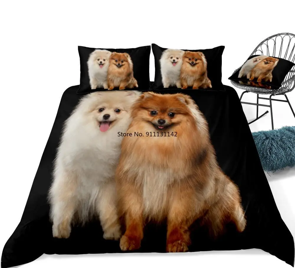 

3D Cute White and Red Pomeranian Duvet Cover Set Dog Bedding Kids Boys Girls Black Background Pet Quilt Cover Queen Dropship