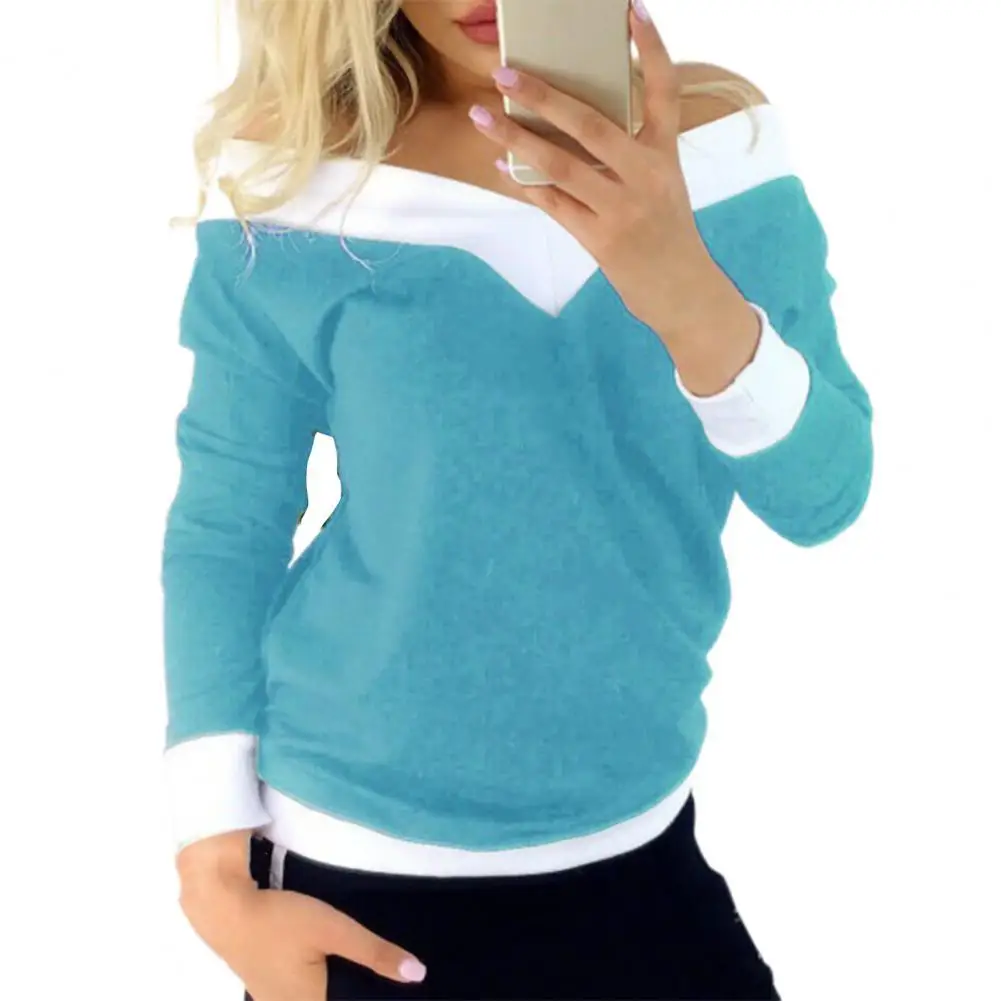 

Long Sleeve Stretchy Fashion Women Blouse 2021 Loose Off Shoulder Patchwork Pullover Top Club Wear Blouse Top Women