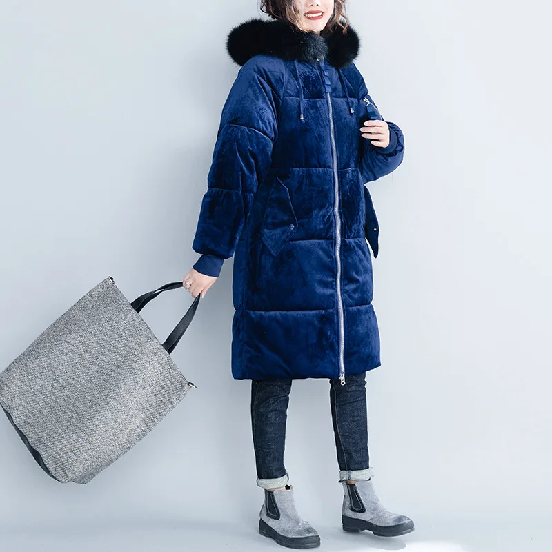 Женские теплые парки Johnature темно синие куртки с капюшоном на молнии длинными