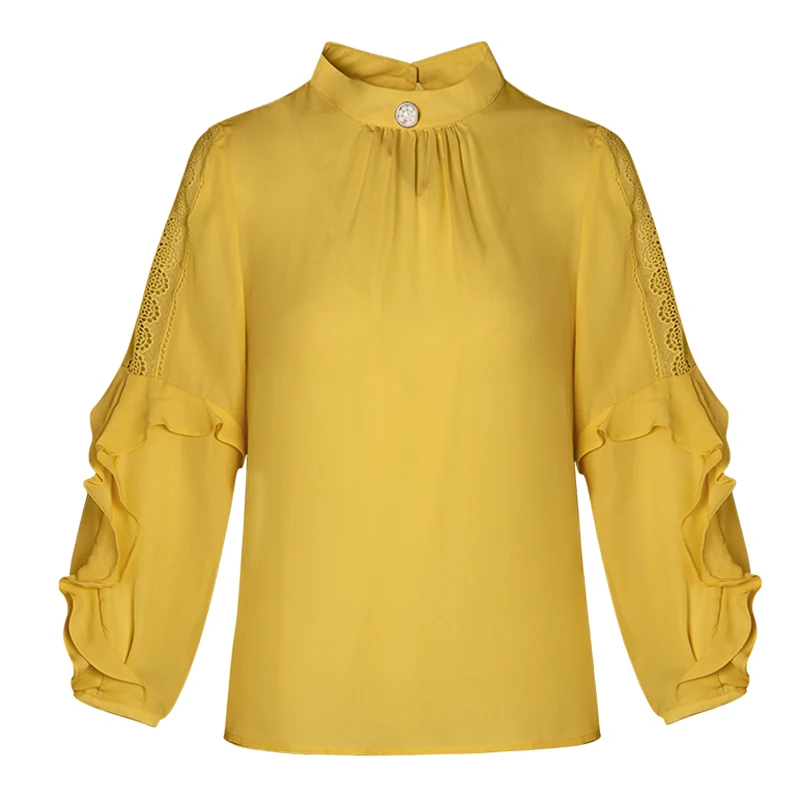 

100% Silk Women's Shirt O Neck Long Sleeves Lace Patchwork Ruffles Fashion Pullover Blouse Tops