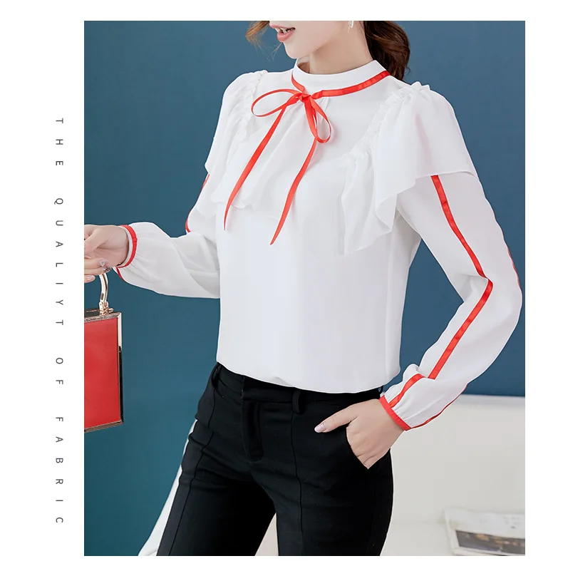

Autumn Spring White Shirts Princess Bow Tie Neck Ruffle Long Sleeve Shirts Work Office Blouses Women Top Blusas Chiffon Shirt