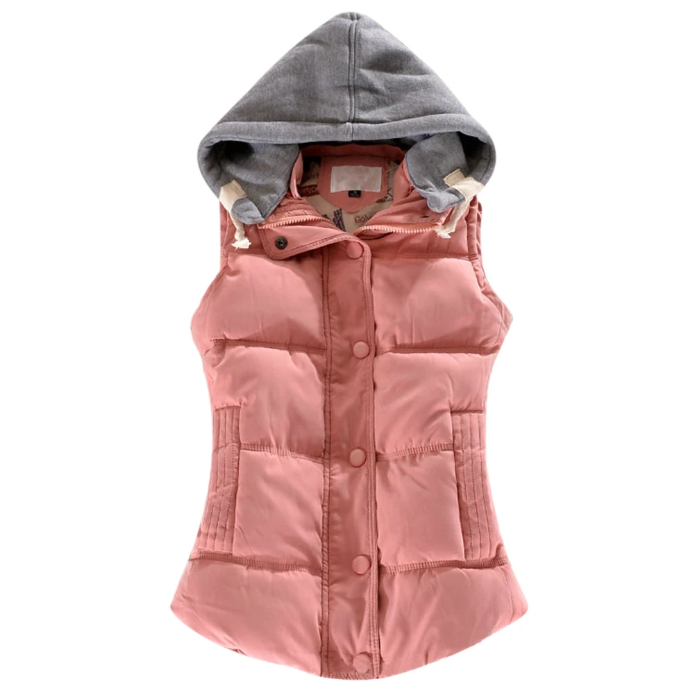 

Women‘s Casual Buttons and Zipper Solid Color Vest Winter Slim Thicken Style Removeable Hat Hoody Comfortable Waistcoat