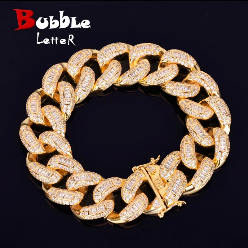 

22mm Baguette Zircon Miami Cuban Link Bracelet Iced Out Men Hip Hop Street Rock Jewelry Gold Color Chain 7" 8"