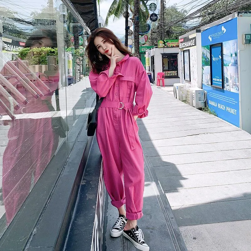

2020 New Autumn Women Denim Jumpsuits Rompers Casual Fashionable Pockets Empire Long jeans Pants with Belt Rose Red Playsuit