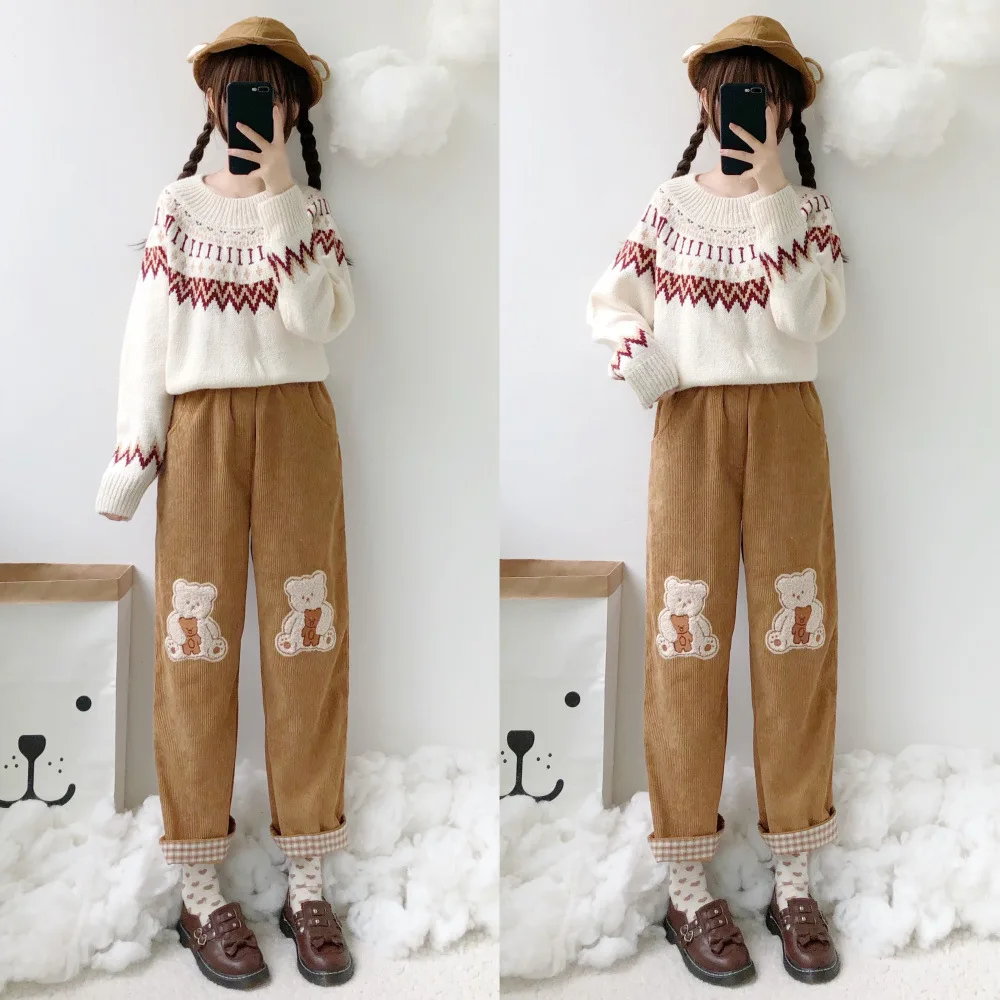 

Cute Bear Kawaii Pants Women's Thick Casual Korean Style Pants Autumn Winter Students Plus Velvet Wide-leg Ankle-Length Pants