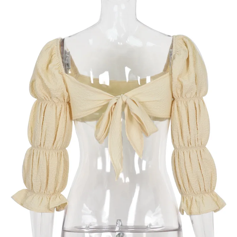 

Sexy Backless Chic Square CollarTops Fashion Wave Lantern Long Sleeve Bustier Shirts High Waist Spring Summer Cropped Top Women