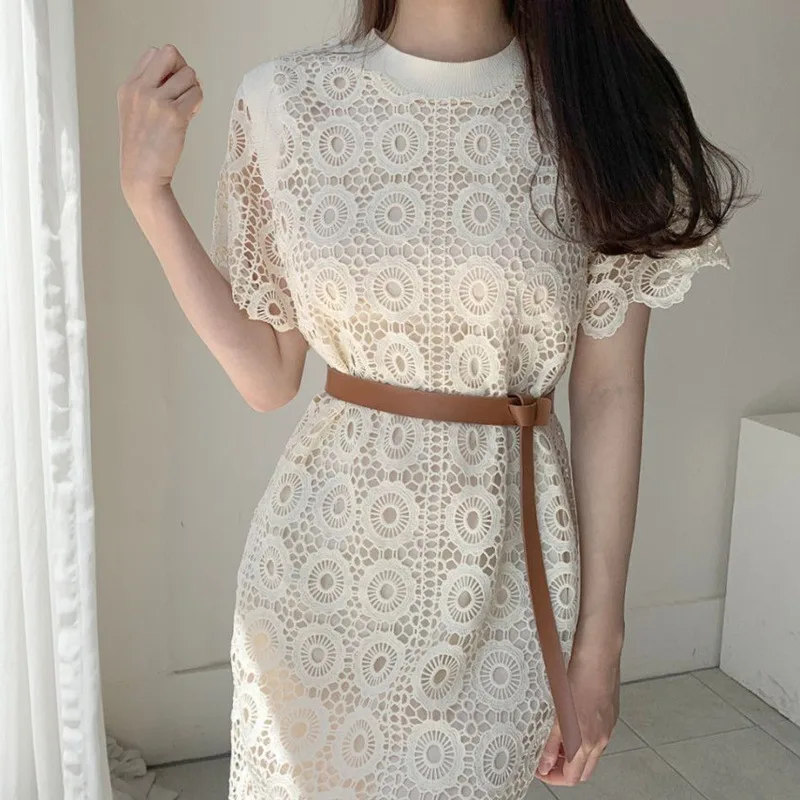 Женское кружевное платье-макси [EWQ] белое Повседневное на бретелях с круглым