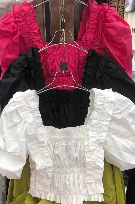 

2021 Women's New Spring Summer Retro Puff Sleeve Sweet Pleated Top Square Collar Slimming Solid Color Short Shirt Crop Tops