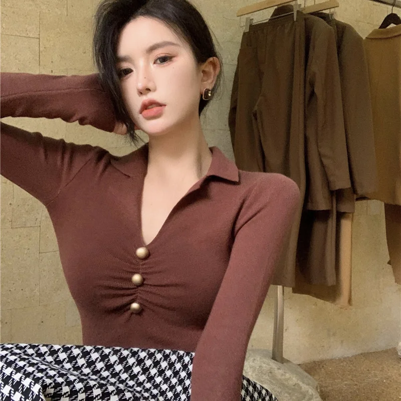 

Short Section Women's Clothing Harbour Wind New Spring/Autumn Folds Vintage T-Shirts V-Neck Fashion All-match Tops Slim Skinny
