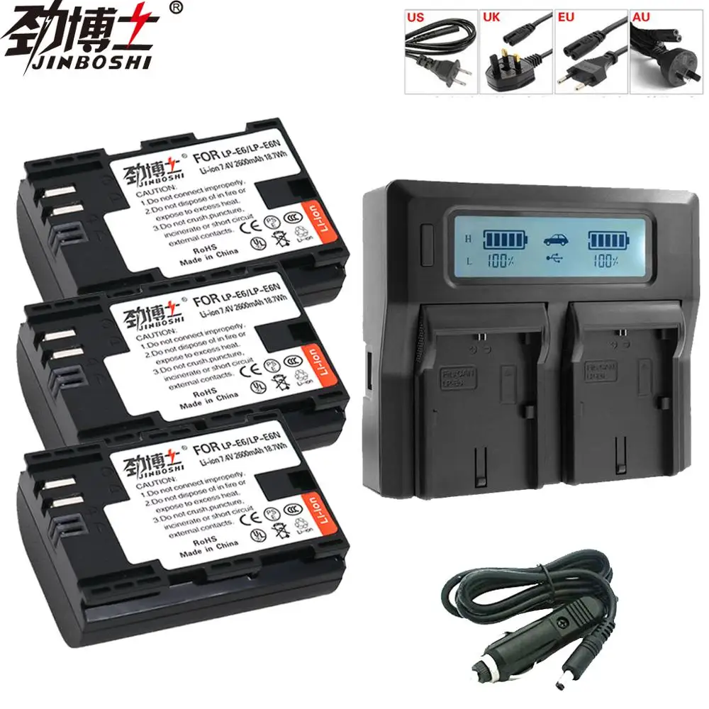 3 шт. LP-E6 LP E6 LP-E6N Li-Ion Батарея + LCD Dual charger Автомобильное кабель для цифровой