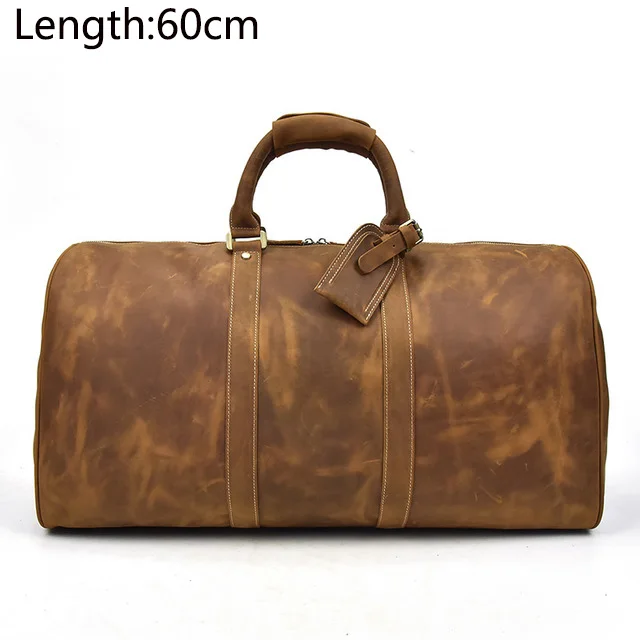 brown 2 (60cm) Мужская сумка из натуральной кожи для путешествий 2" Дорожная сумка большая винтажная crazy horse кожаная сумка на молнии для переноски на выходных спортивная сумка - Цвет: brown 2 (60cm)