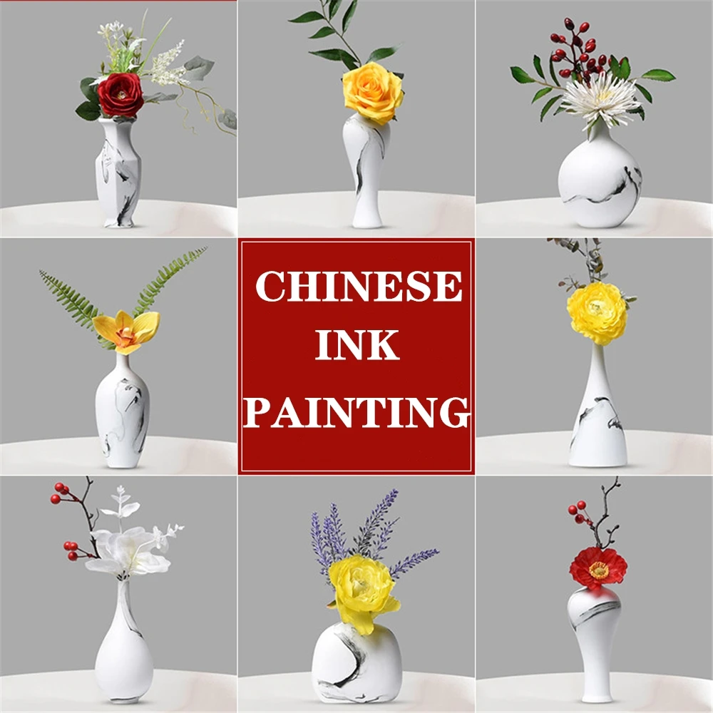 

B-LIFE Garden Vase Small Fresh Home Decorative Flower Pot Chinese Tranditional Style White and Black Painting Ceramic Handmade