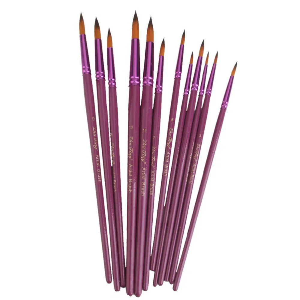 

12 Pcs Round Pointed Tip Nylon Hair Brush Set (Purple)