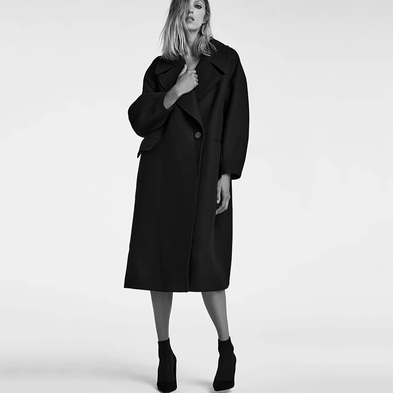 

HWLZLTZHT 2021 Winter Fashion Black Woolen Coat Oversize Elegant Overcoats Ladies Casual Solid Loose Long Jacket Outwear Female