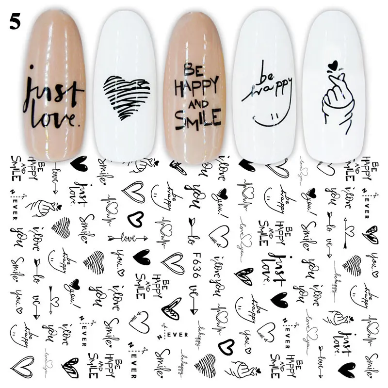 3d наклейка для ногтей с изображением сердца и листьев черно белая переводная