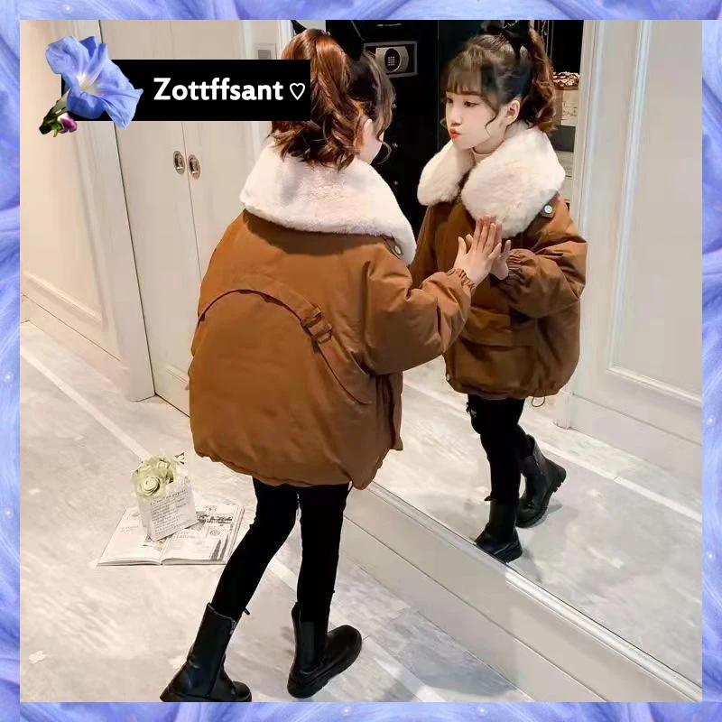 

Winter Suit For Children Girl's Jacket With Warm Fur Collar Pure Color Parkas Coat For Kids Clothing Girls Outerwear