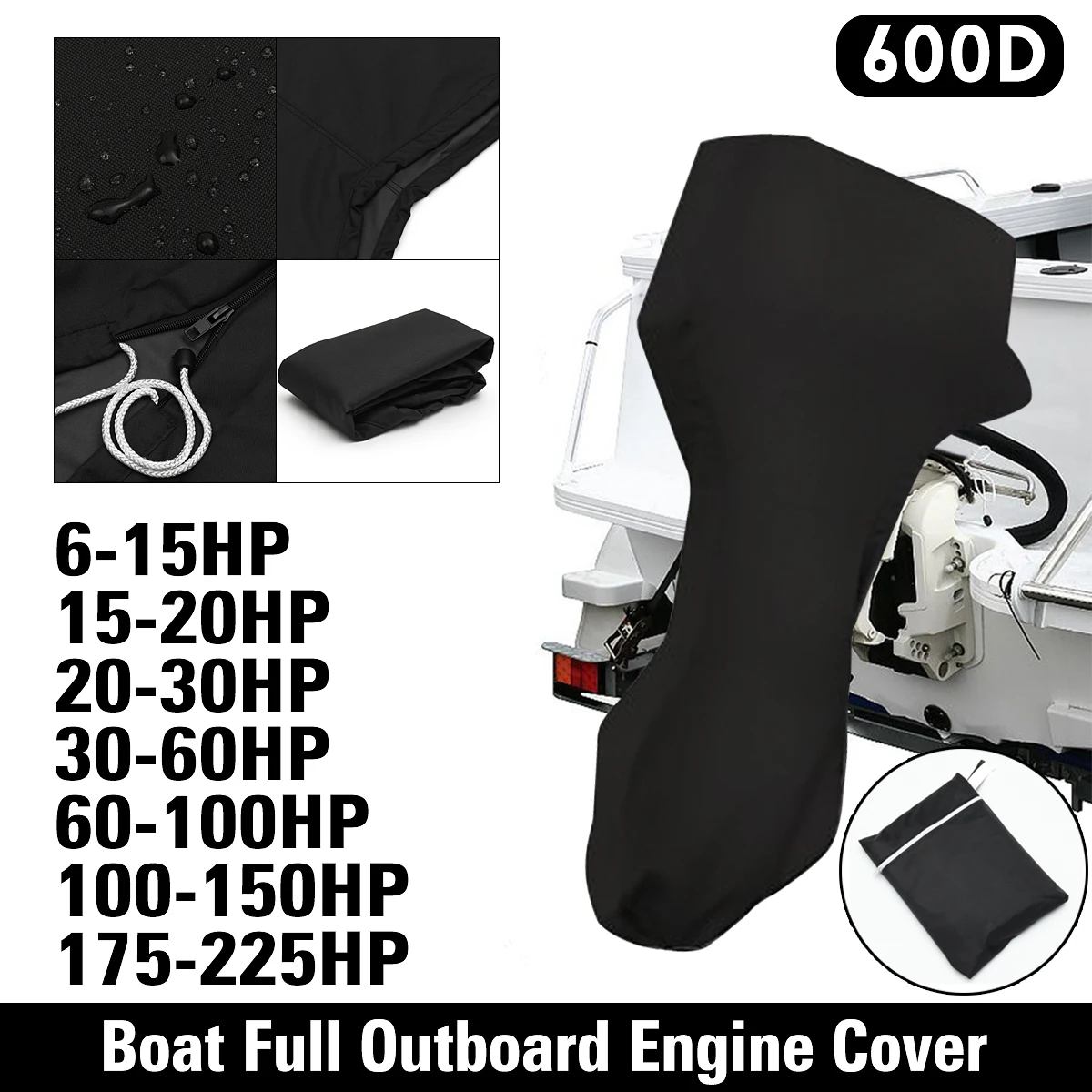 

600D Boat Full Outboard Engine Motor Cover Fits Up to 6-225HP Black Waterproof Ship's Side Covers Machine Protective Cloth