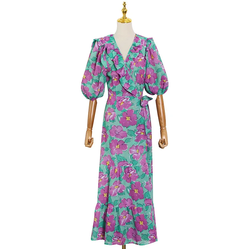 

Women Dress Summer 2021 Retro Flower Print V-neck Ruffled Lantern Sleeve Holiday Long Dress Fashion Vestido Feminino Donsignet